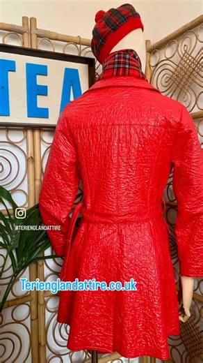 Teri England on Instagram: "🇬🇧Original 60s 70s Ascot Model Red Crinkle PVC Coat Mac. A Truly Stunning Piece of 1960s Fashion History. In excellent/very good vintage condition. Wear to small area under right arm only. (See last photo on website.) Made in Republic of Ireland for “ Ascot Model”. Wipeable Vibrant red textured vinyl and rayon pvc. Great large collar and lapel. Double breasted gold tone buttons. Self fabric belt with gold buckle. Fully lined in nylon. Deep front pockets with flap. R
