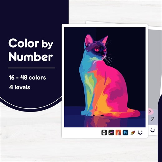 Colorful Cat Art - Color by Number - Digital & Printable - 4 Levels - Etsy