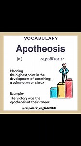 APOTHEOSIS (n.) - The highest point or perfect example of something; the climax or crowning glory. Example: Winning the national award was the apotheosis of her career. Deification – raising someone to divine status (historical/religious usage). Example: In ancient Rome, emperors were given apotheosis after death. Synonyms: pinnacle, culmination, zenith, climax, crowning glory Like ❤️, share, comment, and save 📑! Make a sentence using this word. . . . . #vocabulary #wordoftheday #britishenglish