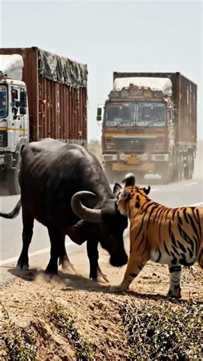 “Buffalo vs Tiger on Heavy Road — Shocking Real-Life Fight! 🐃🐅💥”
