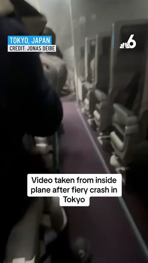 New cell video shows the view from inside a large passenger plane that crashed with a coast guard aircraft in Japan on Tuesday.⁠ ⁠ Passengers recorded the moments after the two planes collided on the runway at Tokyo's Haneda Airport.⁠ ⁠ All 379 passengers on the larger plane escaped to safety, but the crash killed five people aboard the coast guard plane, officials said.⁠ ⁠ #Japan #Tokyo #planecrash #HanedaAirport #caughtoncamera