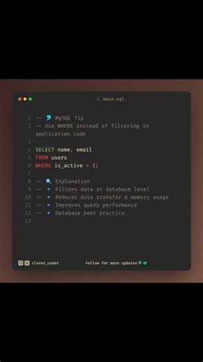 Clover Coder 🍀 on Instagram: "Follow @clover_coder for daily MYSQL & programming tips 🍀 #mysql #mysqltips #mysqlquery #sqldatabase #sql database databasetips backenddeveloper fullstackdeveloper developerlife codeeveryday codingreels instacode techcontent programming clovercoder MySQL tips MySQL tricks Clean SQL queries MySQL best practices SQL optimization Beginner MySQL Advanced MySQL Database design Write better SQL Daily SQL tips"