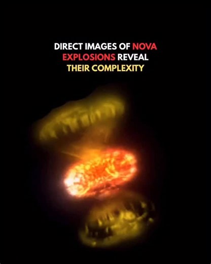 Scientists have captured the most detailed direct images ever of nova explosions, revealing that these blasts are far more complex than previously thought. Instead of expanding as smooth, spherical shells, novas erupt in twisted, clumpy, and asymmetric structures shaped by magnetic fields, stellar winds, and the motion of the two stars involved. The images show shockwaves, jets, and rapidly changing patterns of ejected gas. These findings help researchers understand how novas enrich space with h