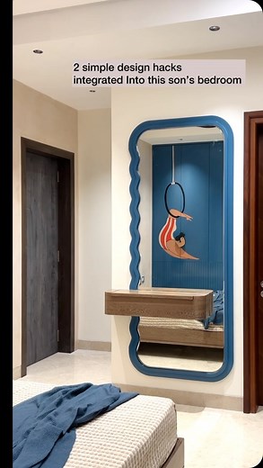 CuttingEdge DesignStudio on Instagram: "A sneak peek into “The WAVE” at Aparna One. The dressing unit storage features a simple lift-up door for vanity, sunglasses etc. - an ideal solution when space is tight and drawers or vertical doors aren’t feasible. The bookshelf has an extended dummy door, that hides a clever compartment for hanging school bags or sports gear like tennis racquets, and hence keeping everything clean. The study area is finished in PU Emporio and complemented by artwork on t