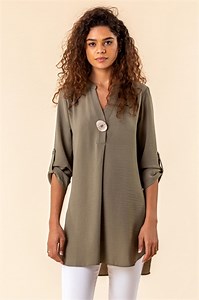 Longline Button Detail Tunic Top in Olive - Roman Originals UK