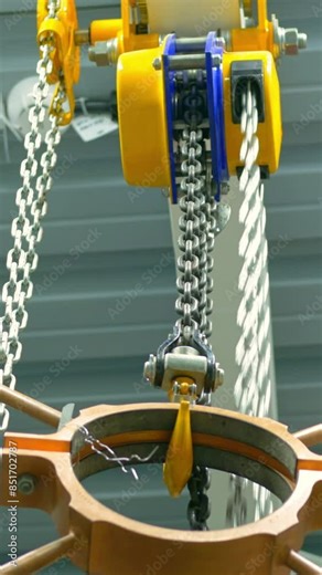 Industrial chain hoist and load lifting mechanism currently being used in operation to handle heavy loads. Mechanical engineering application involves metal chains and pulley system. vertical video