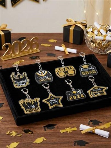 8Pcs Class Of 2026 Graduation Keychains Set, Black & Gold Graduation Season Key Ring Pendants, Graduation Party Supplies 2026, "You Did It/I'm Done/Congrats Grad" Designs Keyrings , Graduation Prom Party Decor, Graduation Ceremony Decor, Graduation Party Favors & Keepsake Gifts, Bagback Charms | SHEIN