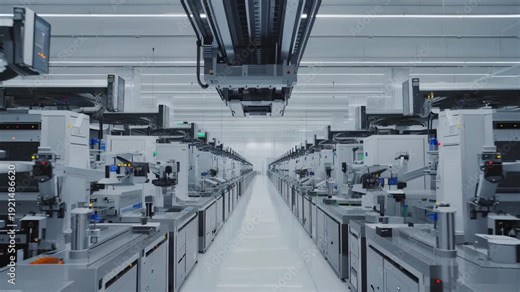 Modern semiconductor fabrication cleanroom featuring automated wafer handling systems moving through a streamlined environment with precision and efficiency in a high-tech facility