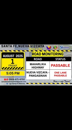 ROAD STATUS UPDATE: August 1, 2O25 As of 05:05 PM Maharlika Highway is PASSABLE NUEVA VIZCAYA-PANGASINAN Road is ONE LANE PASSABLE due to Landslide Travelers are advised to exercise extra caution when passing through Malico-Pangasinan Road due to foggy weather and potential falling rocks in some areas during this rainy season. 𝑰𝒏 𝒄𝒂𝒔𝒆 𝒐𝒇 𝒆𝒎𝒆𝒓𝒈𝒆𝒏𝒄𝒊𝒆𝒔 𝒑𝒍𝒆𝒂𝒔𝒆 𝒄𝒂𝒍𝒍 𝒐𝒓 𝒄𝒐𝒏𝒕𝒂𝒄𝒕 MDRRMO Santa Fe Hotline No. 09266716702 Responder SANTA FE MDRRMO Account. MHO Santa Fe