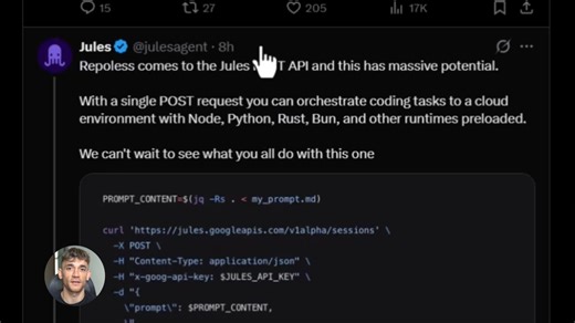Google Jules Update: AI Coding WITHOUT GitHub! 🤯🚀 Google Jules just changed the game forever. You can now code without a repository. One click and you are done. This update is called Repoless and it is massive. Before this, you needed GitHub and a long setup process. Now? You just send one POST request. Jules starts coding for you in the cloud instantly. No setup. No configuration. No friction. Want the full guide? DM me. | Julian Goldie