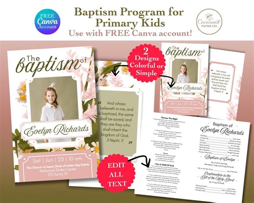 Editable Baptism Program Template for Girl | Pink Flowers | Canva Printable | LDS (instant Download) - Etsy