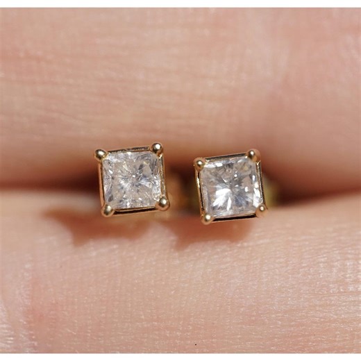Vintage 14K Solid Gold Princess Cut Diamond Stud Earrings 0.52 CT Natural Studs - Etsy