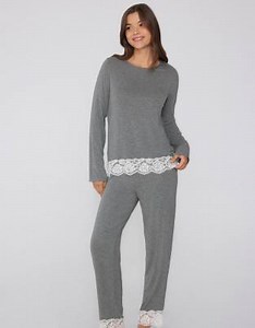 Tezenis Long viscose pyjamas with lace in medium grey melange and milk | ASOS