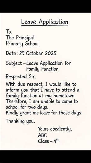 751 reactions · 61 shares | Leave Application for Family Function Attending a family event? Use this format to write a short leave letter for school. Hashtags: #LeaveApplication #FamilyFunction #StudentLetter #SchoolLeave #EnglishGrammar #ApplicationWriting | EduSphere Academy | Facebook