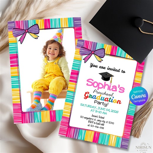 Preschool Graduation Invitation, Photo Graduation Party Invite, Prek Announcement Invite, Kindergarten Graduate Party Invite, Editable Canva - Etsy