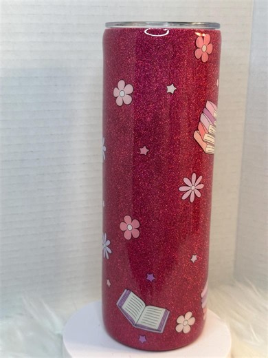 20oz Pink Glittet Tumbler, Readimg Books Flowers Bookish Girl - Etsy