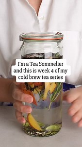 I’m a Tea Sommelier and this is week 4 of my cold brew tea series where I make a new cold brew every week this summer. This is a peach cold brew oolong tea. It follows my cold brew tea formula of 1 tea, plus 1 fruit plus 1 citrus plus 1 herb. I’m using oolong as my tea, fresh peach as my fruit, lime as my citrus, and rosemary as my herb. Oolong tea is between a black tea and green tea. I like pairing oolong with stone fruits like peach and apricot. Lime is very strong in flavor so I only used a 