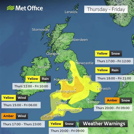 There are multiple yellow and amber weather warnings over the coming days for strong winds, heavy rain, snow and ice ⚠️ Stay up to date here 👉 bit.ly/WxWarning Here is a summary 👇 | Met Office