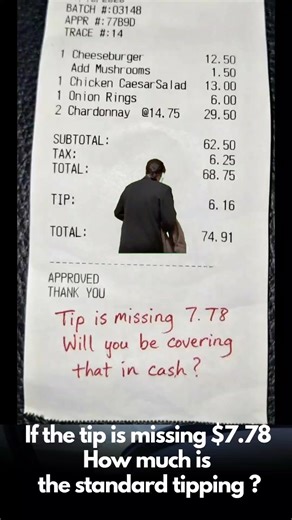 A $68.75 restaurant bill shows a $6.16 tip already added — about 9%. But the receipt includes a handwritten note saying the tip is “missing $7.78,” implying a 20% standard tip was expected instead. | OfficeLife Laughs