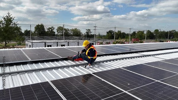 Technician installing solar panels on a rooftop, demonstrating renewable energy solutions for sustainable development, clean energy, and eco-friendly technology in modern infrastructure