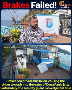 134K views · 1.4K reactions | #BrakesFailed! Brakes of a private bus failed, causing the driver to crash into the gates of Dona Paula jetty. Fortunately, the security guard moved just in time #goa #goanews #PrivateBus #Driver #DonaPaulaJetty | In Goa 24x7 | Facebook