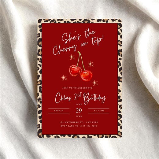 Cherry Leopard Birthday Invitation Template, 21st Birthday Canva Invite, She's Cherry on Top Printable, Girls Birthday Invitation Download - Etsy