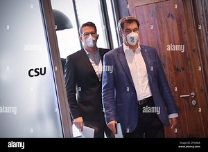 Markus SOEDER (Prime Minister Bavaria and CSU Chairman) and Markus BLUME (Secretary General), arrival. Press conference CSU after video conference of the management in the CSU headquarters in Munich on March 26th, 2021. | usage worldwide Stock Photo - Alamy