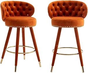 28” Orange Bar Stools Set of 2, 360 Degree Swivel Bar Height Barstools,Modern Velvet Upholstered Armless Bar Chairs for Home Bar,Kitchen Counter (Orange)
