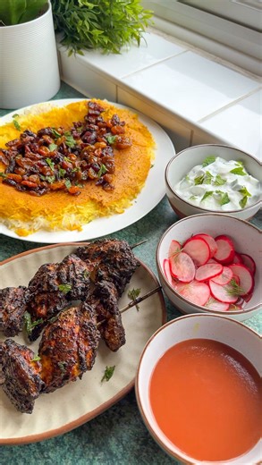Jess Hawkins on Instagram: "Chicken Joojeh (persian chicken kebabs) with Tahdig (crispy Persian rice) with cranberries and almonds - along with burnt 🍅 velouté , pickled radish salad & Persian cucumber yoghurt 👀 🥒 (ad) So the title may be a bit of a mouthful but Lovelies this FEAST was one of the best, and most fun, meals I have ever made 😂 all using the best ingredients from @marksandspencerfood to help celebrate the return of ITV’s most popular cooking show COOKING WITH THE STARS 🌟 which 
