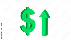 green dollar symbol and up arrow animation with the concept of currency increase, profit, investment, business, economy