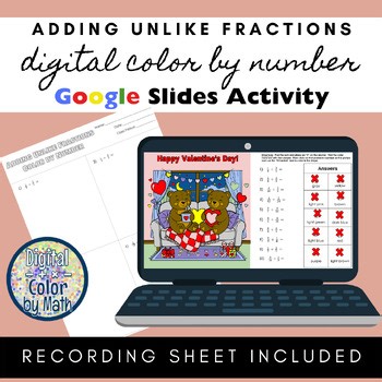 Digital Color by Number: Adding Unlike Fractions - Valentine's Day