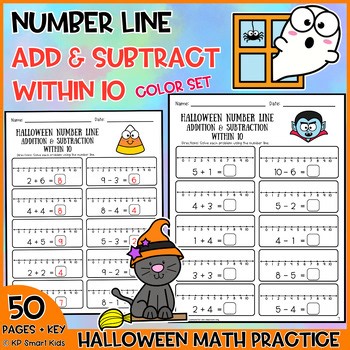 Halloween Number Line Add & Subtract Within 10 Math Facts Practice Color Set
