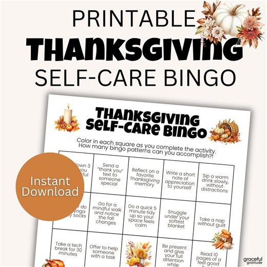Thanksgiving Self-care Bingo Tracker | Printable Mindfulness Game | Personal Thanksgiving Wellness Challenge | Digital Download - Etsy