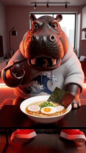 “Ramen Time! Hippo Enjoys Steaming Hot Japanese Noodles 🍜🦛”