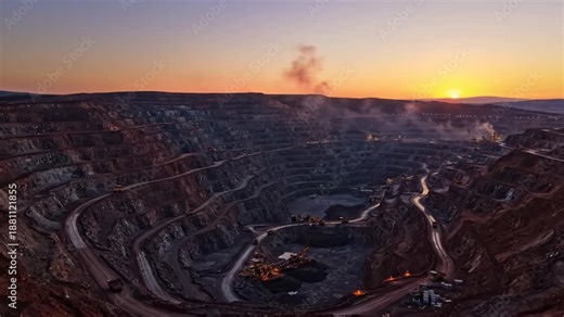 Time lapse composite of a large open pit mine during a beautiful sunset. Heavy industrial machinery and haul trucks work on terraced roads for mineral extraction