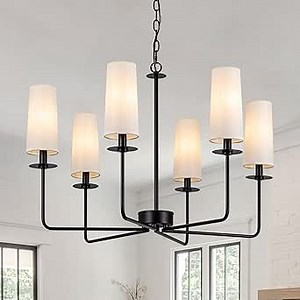 Black Farmhouse Chandelier with Linen Shades, 6-Lights Rustic Pendant Light for Kitchen Dining Living Room Home Office, Adjustable Height