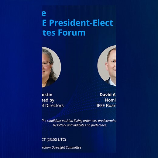 Don’t miss the Meet the 2026 IEEE President-Elect Candidates Forum on Friday, 27 June 2025. The event, hosted and moderated by 2025 IEEE President and CEO Kathleen Kramer, brings candidates Jill I. Gostin and David Alan Koehler together to answer questions and discuss key issues impacting the #IEEE community. Learn more and register today: https://bit.ly/3G4cCnL | IEEE