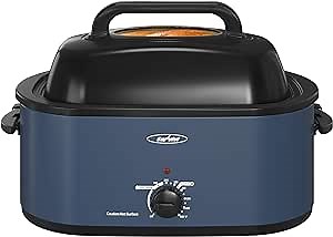 Sunvivi Roaster Oven, Electric Roaster Oven with Viewing Lid, 28lb 24-Quart Turkey Roaster with Unique Defrost/Warm Function, Large Roaster with Removable Pan & Rack, Stainless Steel, Blue