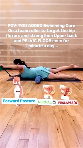 Deep Dive into your Core, Posture and Pelvic Floor Transformation! ✨🌟target your posture and core! Picture this: You lay down, foam roller nestled under those tight hip flexors, arms stretched out in a glorious swimming position. 🏊‍♀️ And then… BOOM! 💥 You start gliding through those swimming movements with an elastic band, engaging your upper back and core while mastering that mindful breath. In that moment, you’re not just stretching or working out – you’re liberating your body! 🕊️✨ 🌈 And