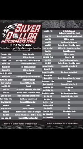 Our 2023 Drag Racing Schedule is almost complete!!! This is what we have so far. | Silver Dollar Motorsports Park