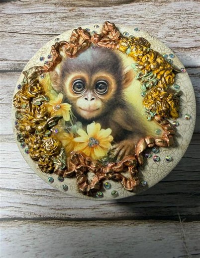 New - Round Wooden Keepsake Box Hand-painted Monkey Trinket Box With Rhinestones - Etsy