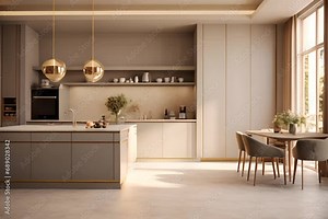Modern and contemporary kitchen design with LED and sleek design. White and beige design, natural finishings