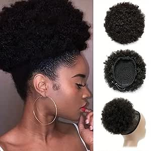 Afro Puffs Drawstring Human Hair Buns Natural Two Drawstring Puffs Ponytail Extensions 8 Inch Natural Black 1B# Hairpiece with Two Clips for Women Girls 100% Human Hair
