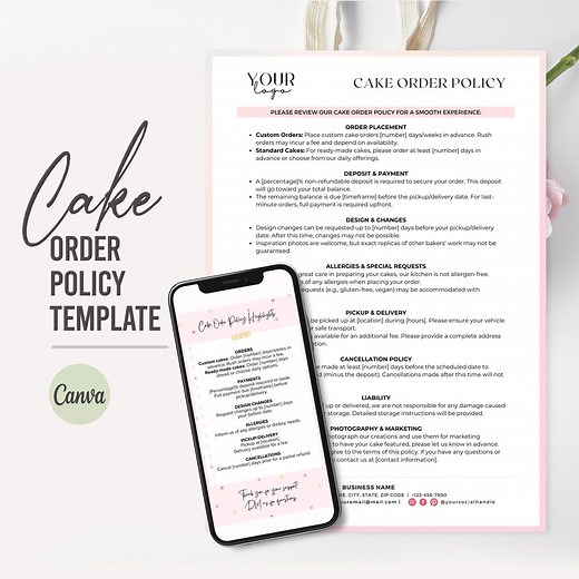 Editable Cake Contract | Event Cake Contract | Cake Business Contract | Cake Terms and Conditions | Wedding Cake Contract | Bakery Canva - Etsy