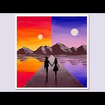 A Romantic Couple on Day & Night Scenery for beginners || Sunset & Moonlight -Easy scenery painting