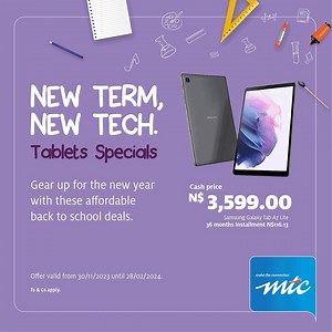 Get ahead of the class with our amazing Back to School tablet and laptop specials! This season, we're giving away 10 Back to School vouchers worth N$5000 each! Simply recharge or top up your bundles with N$250 and above for a chance to win. Equip yourself with the latest technology and ace your studies this year. Don't miss out on these incredible deals! #MTCBackToSchoolDeals | MTC Namibia