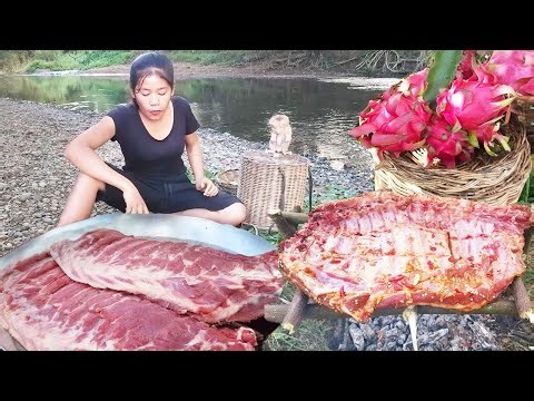 Cooking Cow Ribs Grilling & Eating | Spicy Forest Campfire BBQ Adventure