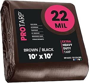 PROTARP Extreme Heavy Duty 22 Mil Tarp Cover, Waterproof, UV Resistant, Rip and Tear Proof, Poly Tarpaulin with Reinforced Edges for Roof, Camping, Patio, Pool, Boat. (Brown/Black 10′ X 10′)