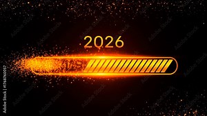 2026 digital graphic with dark background to orange gradient, yellow bar graph-like symbol in motion, and number 2026 above