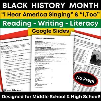 Black History Month Poems, I, Too, Hughes, I Hear America Singing, Google Slides